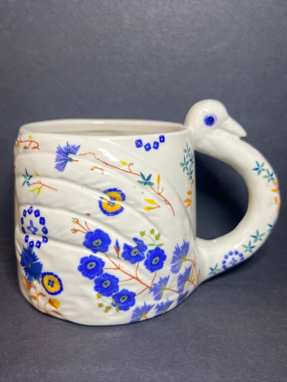 Anthropologie Marisol Whimsical Floral Print Sculptural Swan Coffee Mug Cup 12oz